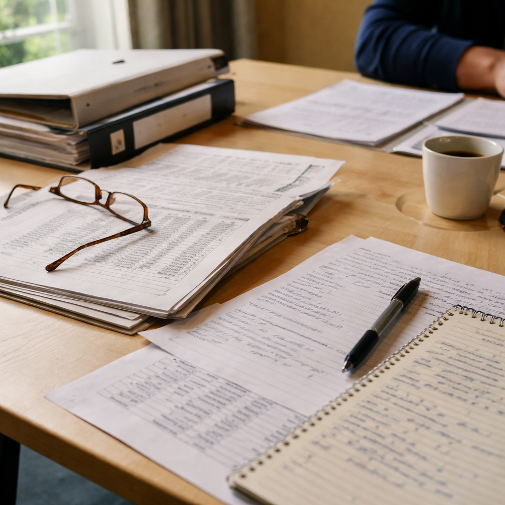 Dossiers en notities op een bureau